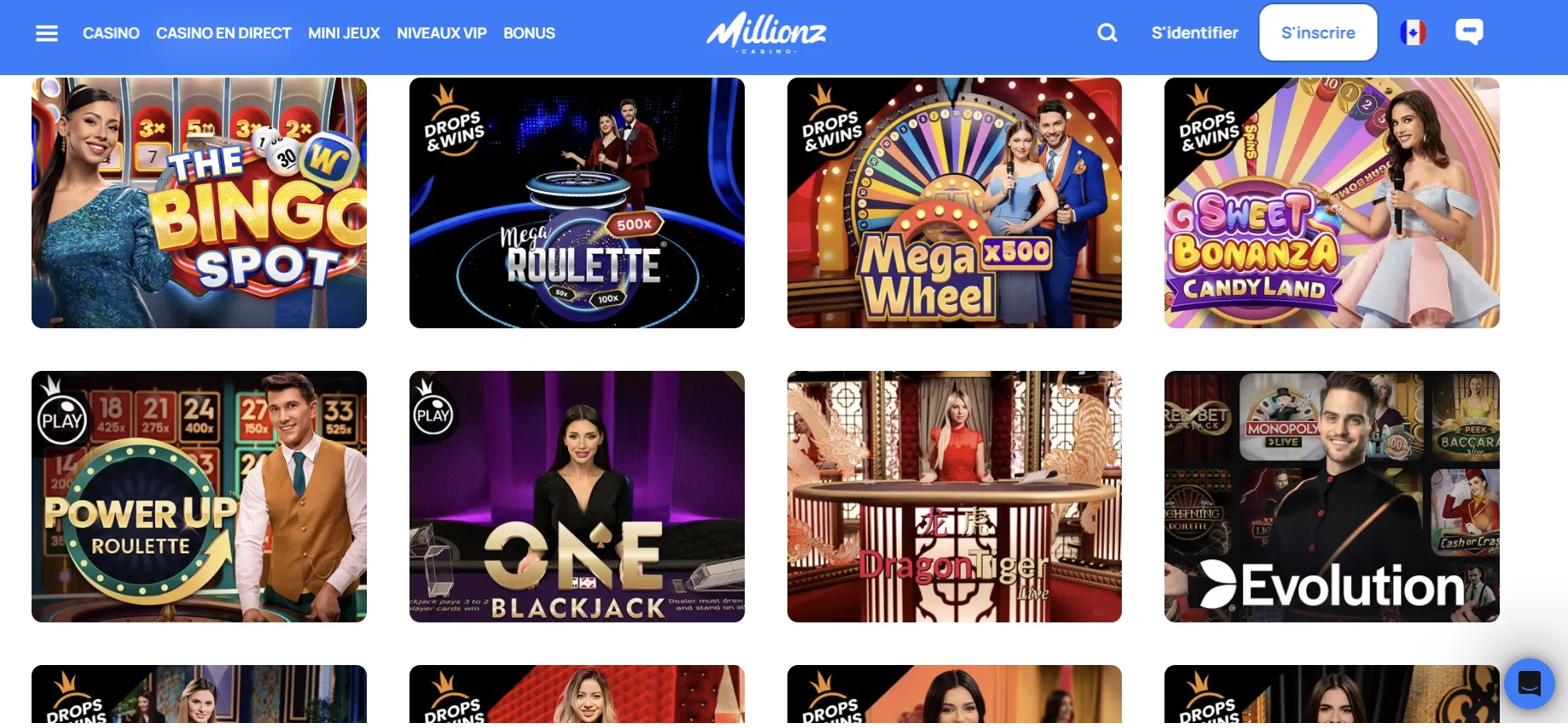 Lobby du casino en direct de Millionz Casino avec les tables Pragmatic Play Live et le salon Evolution